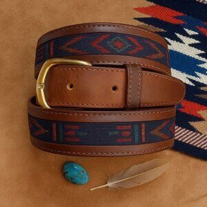 Southwestern Aztec Woven Leather Belt Size XL Brass Buckle Western Boho Unisex